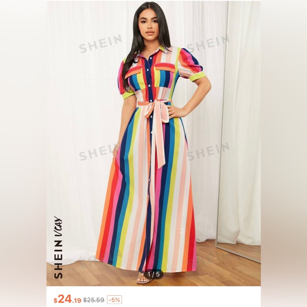Shein Rainbow Striped Flap Pocket Belted Dress. Like new.